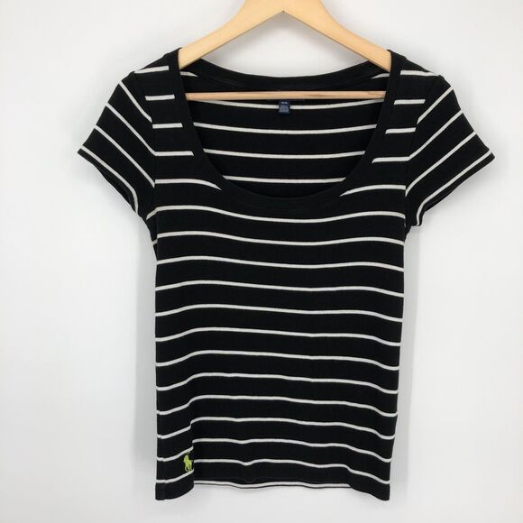 Ralph Lauren Shirt Womens Medium Black Stripe Short Sleeve Scoop Neck Casual Top - Picture 1 of 10
